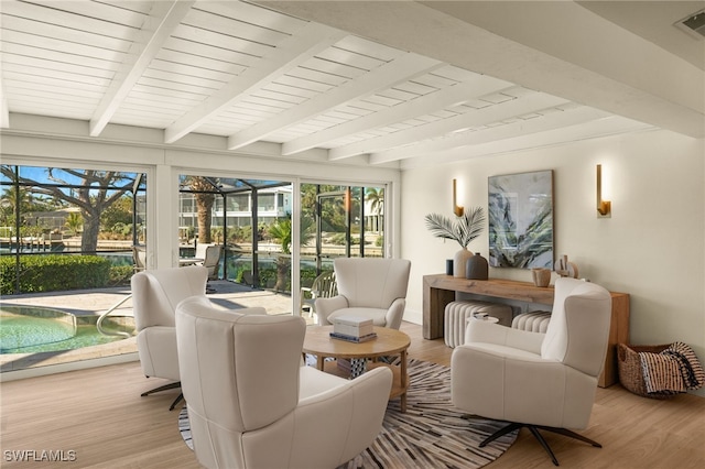 sunroom / solarium with beam ceiling and wooden ceiling