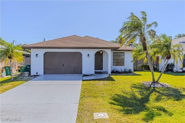 view of front of property with a garage and a front lawn