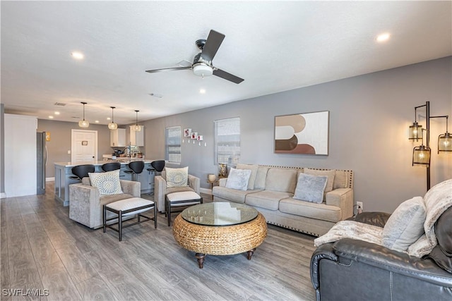 living room with ceiling fan and wood-type flooring