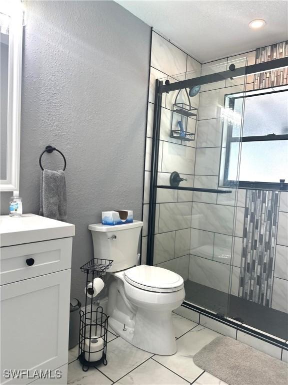 bathroom featuring vanity, toilet, a shower with door, and a textured ceiling