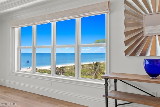 room details featuring a water view, hardwood / wood-style floors, and a view of the beach