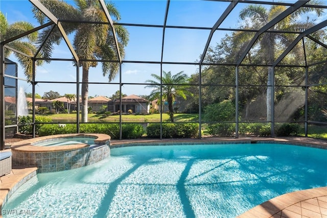 view of swimming pool with an in ground hot tub and glass enclosure