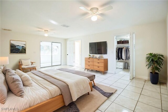 bedroom with light tile patterned flooring, ceiling fan, and access to outside