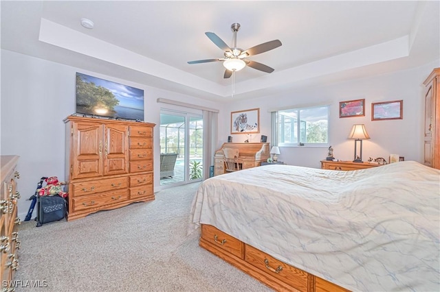 bedroom with multiple windows, a tray ceiling, light colored carpet, and access to exterior