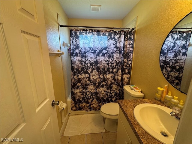 full bathroom with shower / bathtub combination with curtain, vanity, toilet, and tile patterned flooring