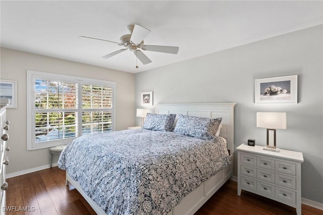 bedroom featuring dark wood-type flooring and ceiling fan