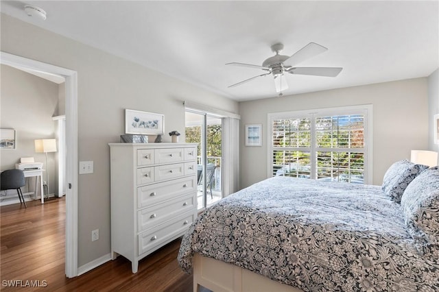 bedroom with dark wood-type flooring, access to outside, and ceiling fan