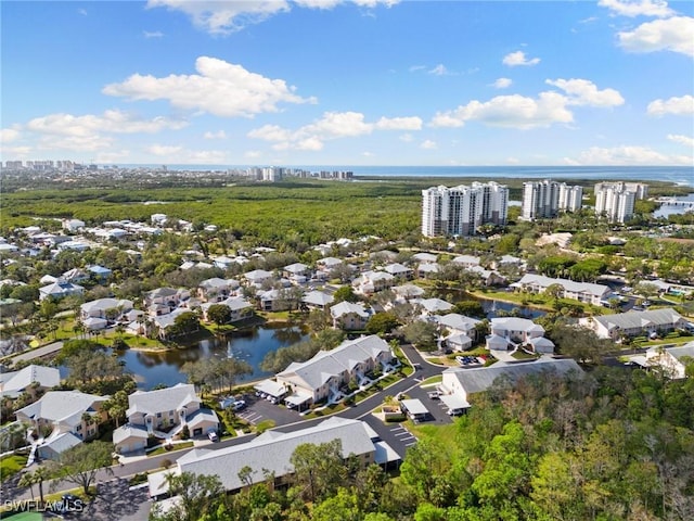 drone / aerial view with a water view