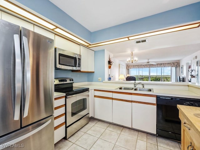 kitchen featuring stainless steel appliances, white cabinetry, sink, and light tile patterned flooring