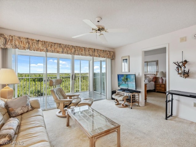 carpeted living room featuring ceiling fan, plenty of natural light, and a textured ceiling