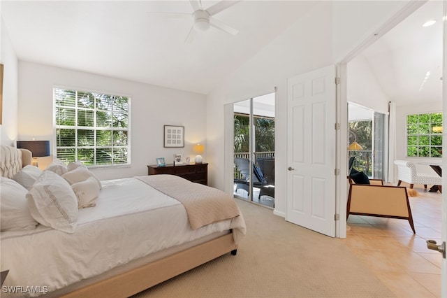 tiled bedroom with vaulted ceiling, access to exterior, and ceiling fan