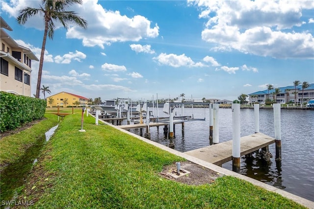 view of dock featuring a water view and a lawn