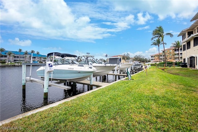 dock area with a lawn and a water view