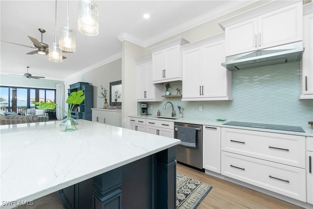 kitchen with white cabinetry, pendant lighting, crown molding, and dishwasher