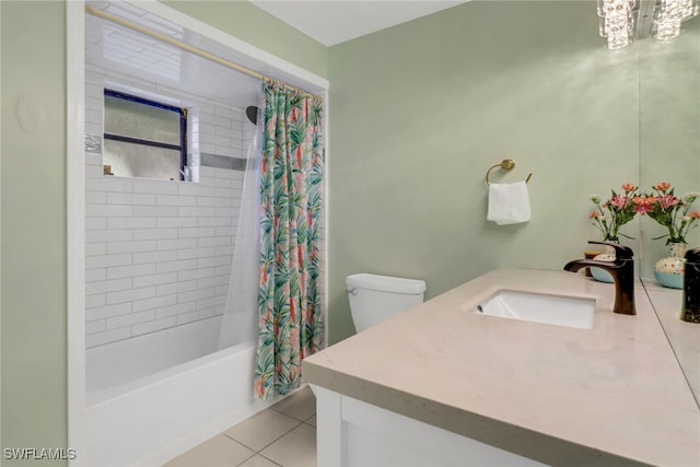 full bathroom featuring vanity, toilet, tile patterned flooring, and shower / bath combo with shower curtain