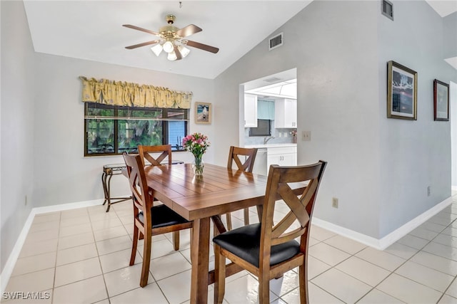 tiled dining area with ceiling fan, lofted ceiling, and sink