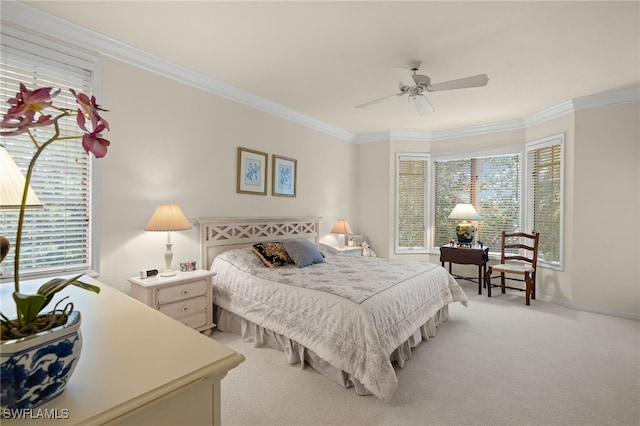 bedroom with multiple windows, light colored carpet, and ornamental molding