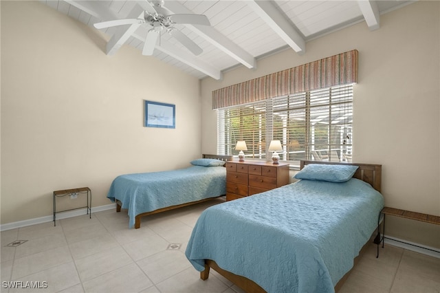 bedroom featuring lofted ceiling with beams, light tile patterned flooring, and ceiling fan