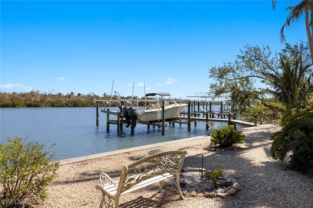 view of dock with a water view and boat lift