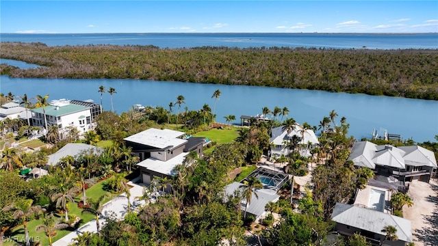 drone / aerial view with a water view