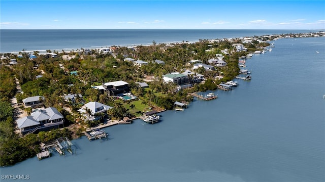 drone / aerial view featuring a water view