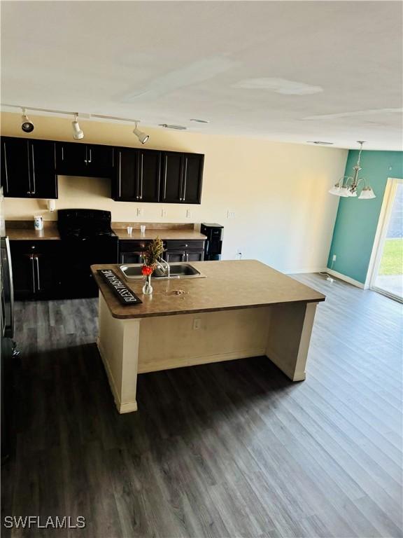 kitchen featuring a kitchen island with sink, sink, and dark wood-type flooring