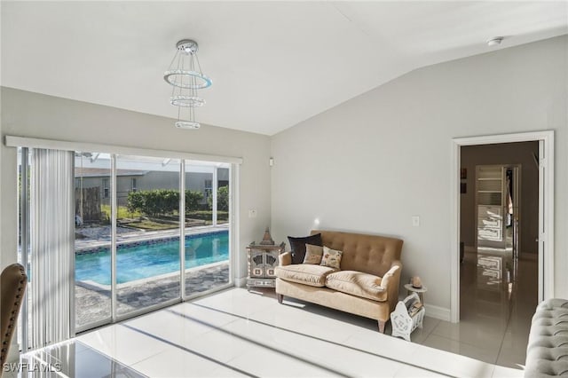 tiled living room with radiator and vaulted ceiling