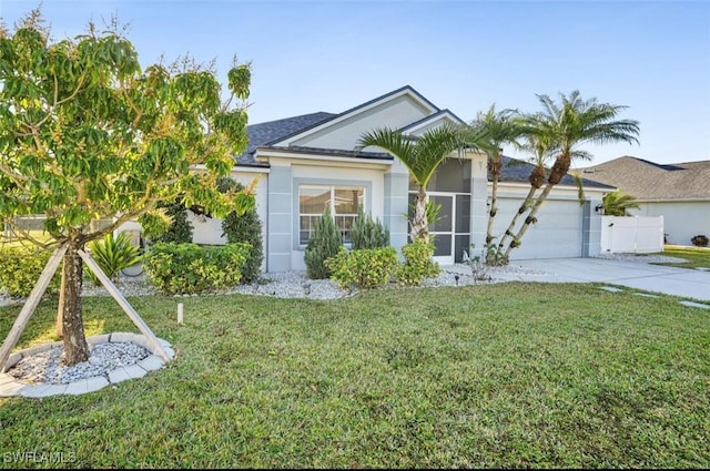 view of front of property with a garage and a front lawn