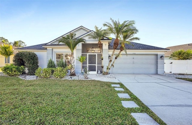 ranch-style house with a garage and a front lawn