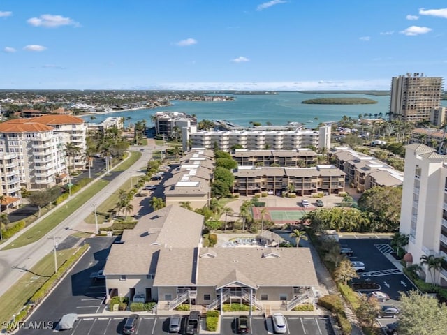 drone / aerial view with a water view