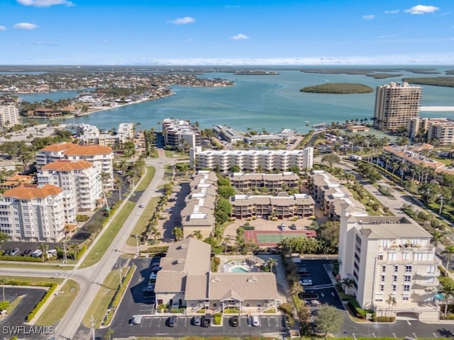 bird's eye view with a water view