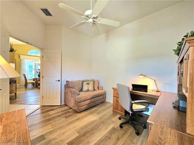 office area with ceiling fan and light wood-type flooring