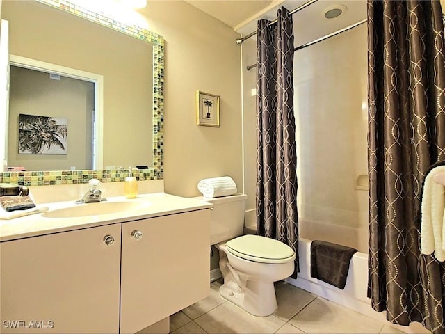 full bathroom with shower / tub combo, vanity, decorative backsplash, tile patterned floors, and toilet