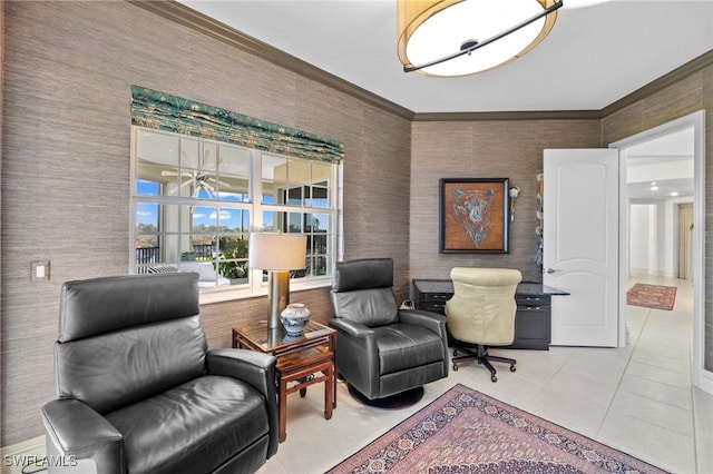 living area with ornamental molding and light tile patterned floors