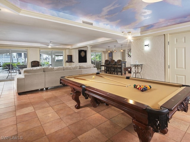 recreation room with ceiling fan, a healthy amount of sunlight, pool table, and a raised ceiling