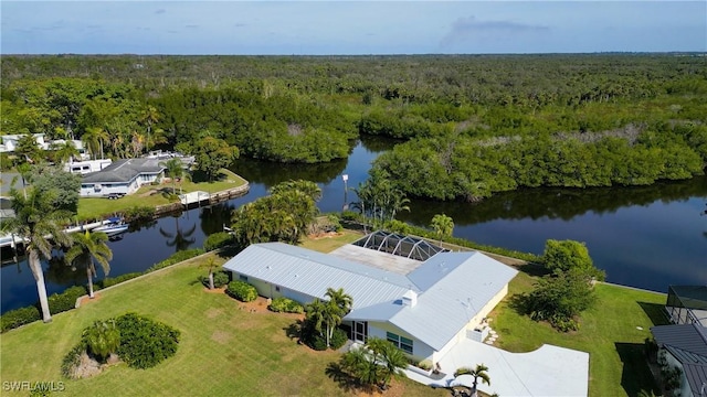 bird's eye view with a water view