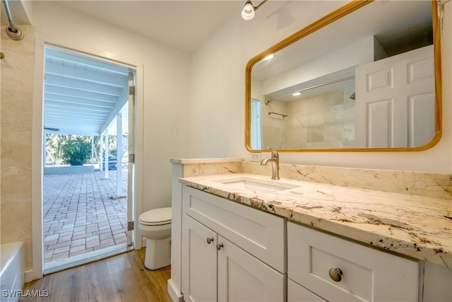 bathroom featuring vanity, hardwood / wood-style flooring, and toilet