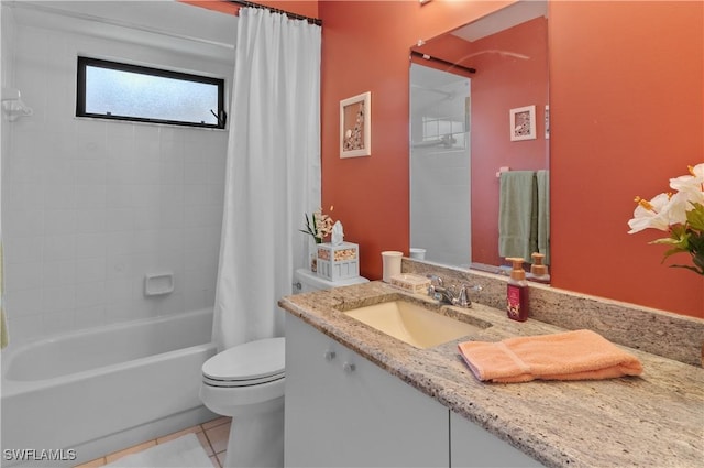 full bathroom with shower / tub combo, vanity, tile patterned floors, and toilet