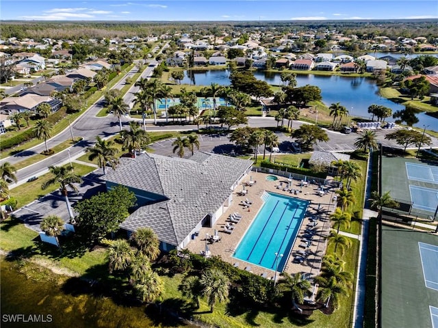 aerial view featuring a water view