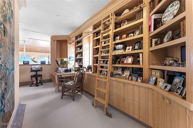 wine area featuring light carpet and built in desk