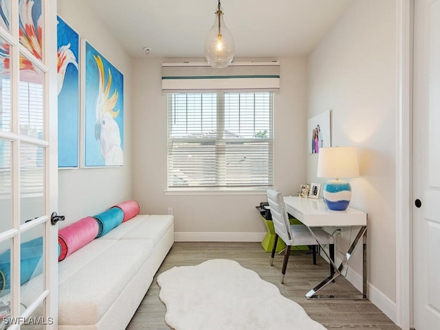 home office with wood-type flooring