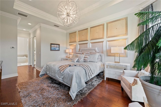 bedroom with a chandelier, dark hardwood / wood-style flooring, a raised ceiling, and crown molding