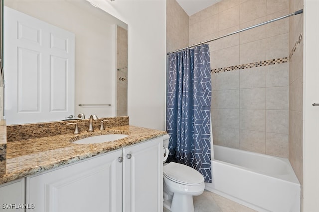 full bathroom featuring shower / tub combo with curtain, vanity, toilet, and tile patterned flooring