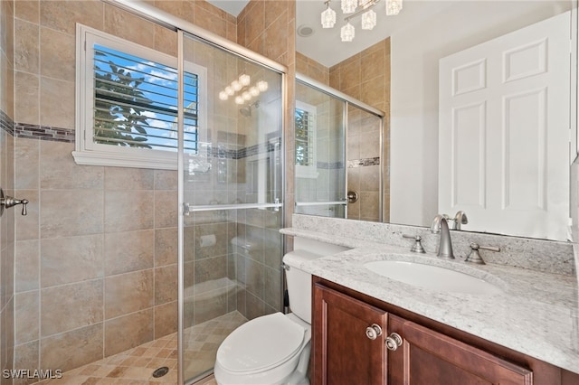 bathroom with a shower with door, vanity, and toilet