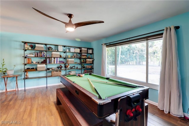 recreation room with hardwood / wood-style floors, billiards, and ceiling fan