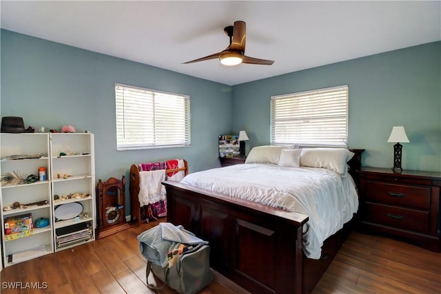 bedroom featuring ceiling fan, dark hardwood / wood-style floors, and multiple windows