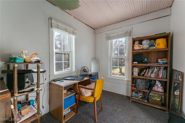 home office with wood ceiling and carpet flooring