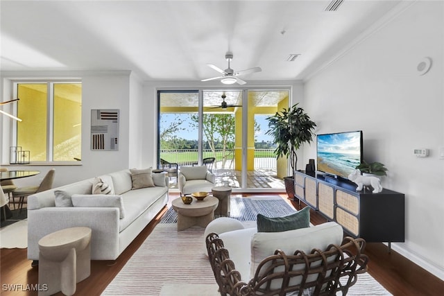 living room with wood-type flooring, ornamental molding, and ceiling fan