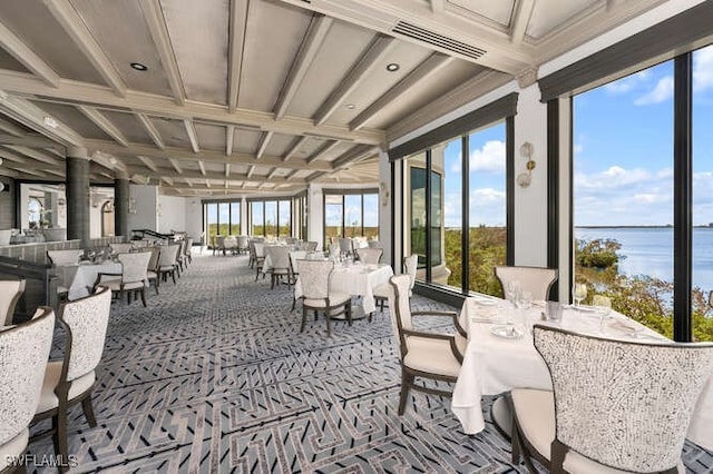 sunroom / solarium with a water view