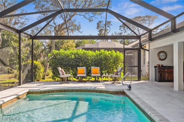 pool featuring a lanai, a patio, and an outdoor kitchen